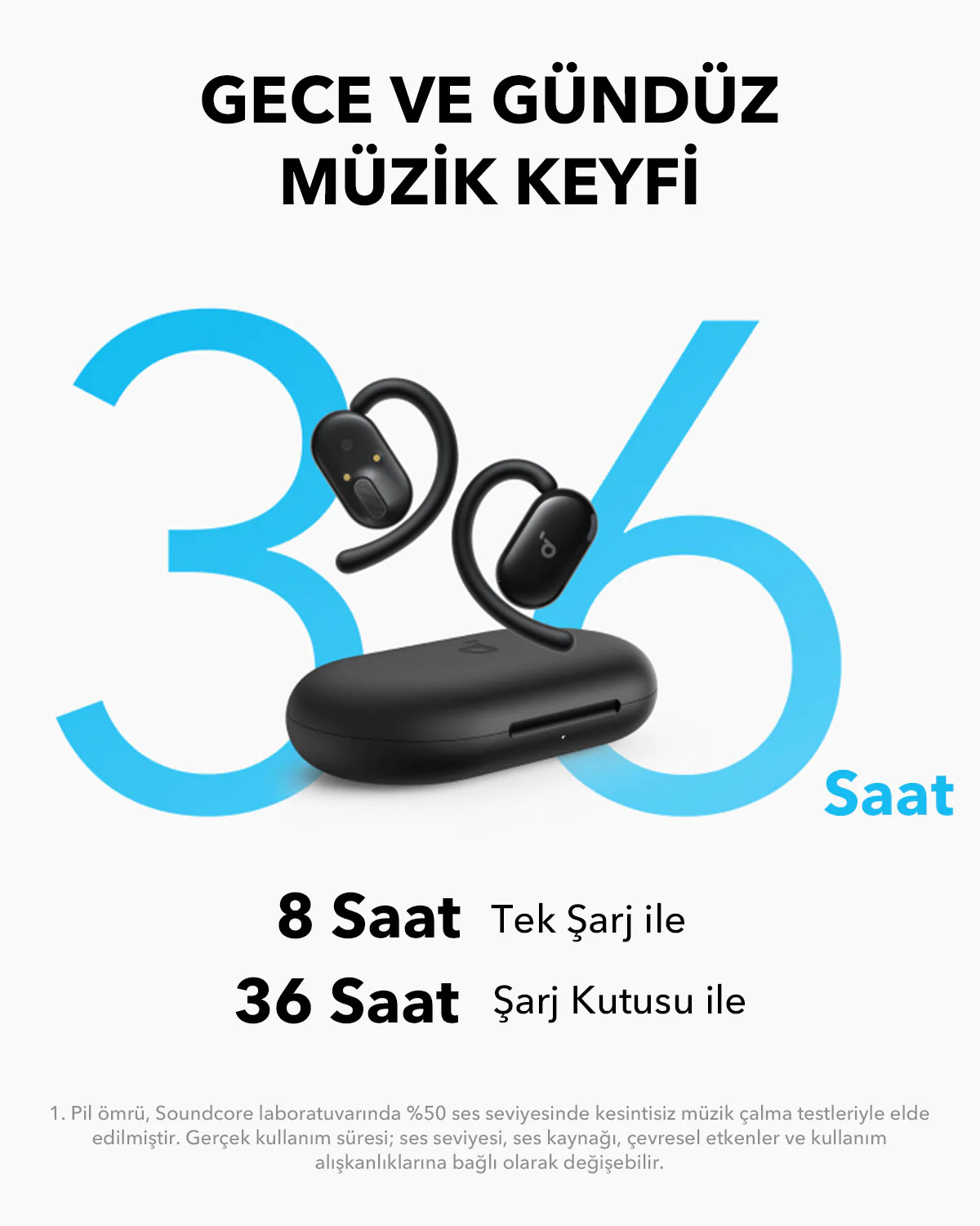 Şarj kutusu ve metin içeren siyah kablosuz kulaklıklar.