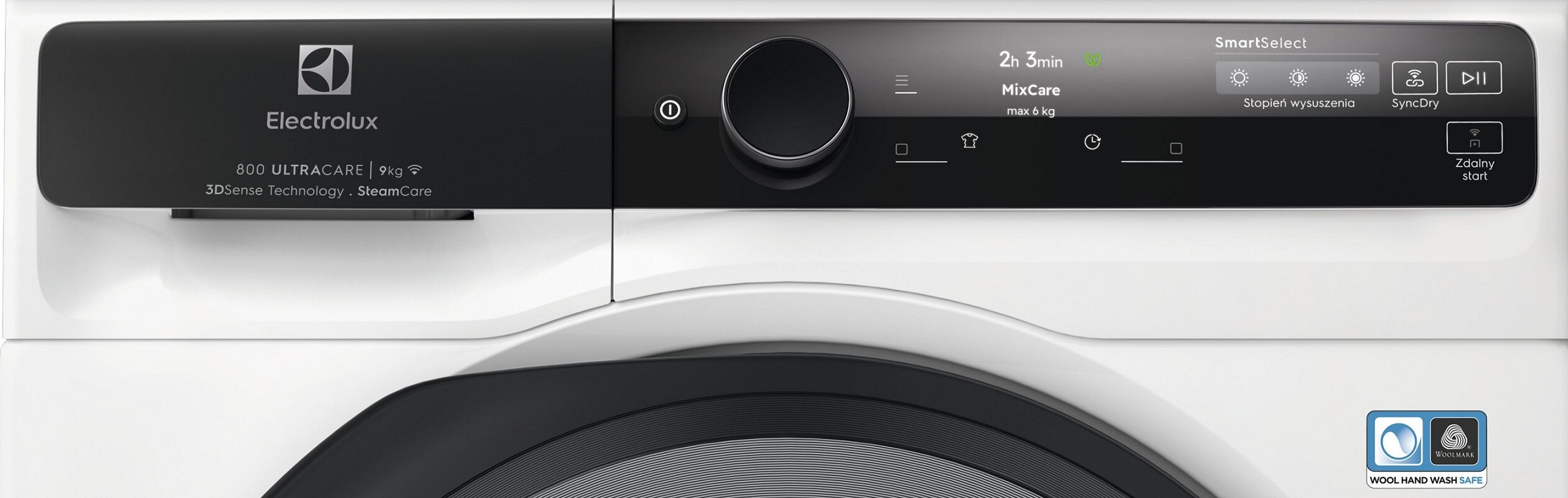 Zbliżenie białego panelu sterowania pralki Electrolux z czarnymi detalami.