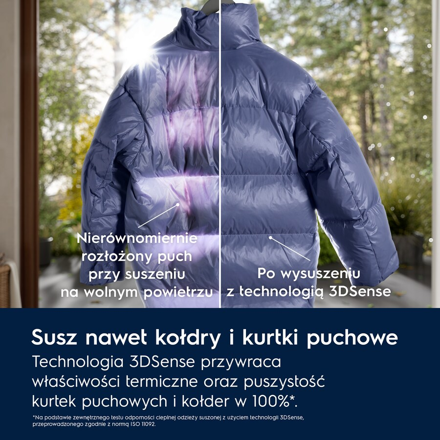 Porównanie procesu suszenia kurtki: nierówny puch vs. suszenie technologią 3DSense.