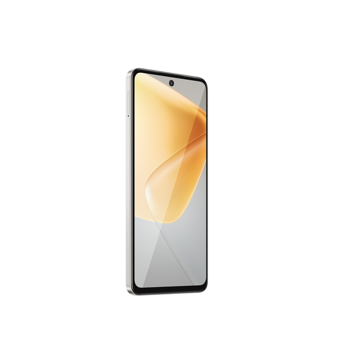 Altın bir sırtı ve sarı bir degrade gösteren bir ekranı olan beyaz bir telefon. Telefon açılı duruyor.