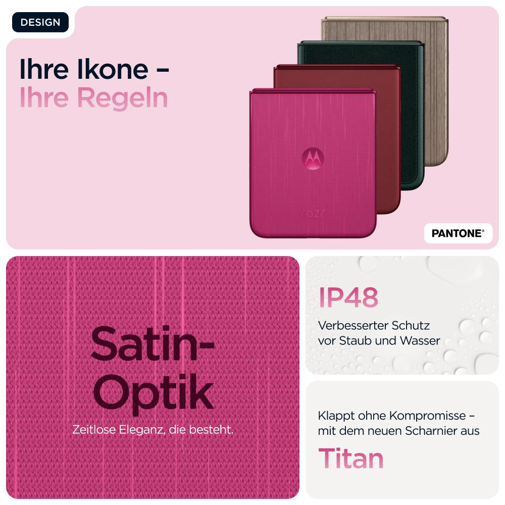 Faltbares Telefon in mehreren Farben. Nahaufnahme des rosa Telefons, Satin-Finish.