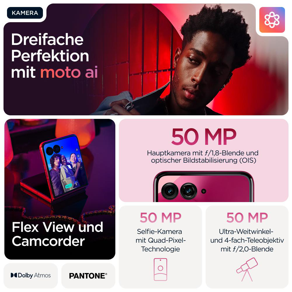 Telefon mit Dreifachkamera und Funktionen: 50MP, Flex View und Selfie-Kamera.