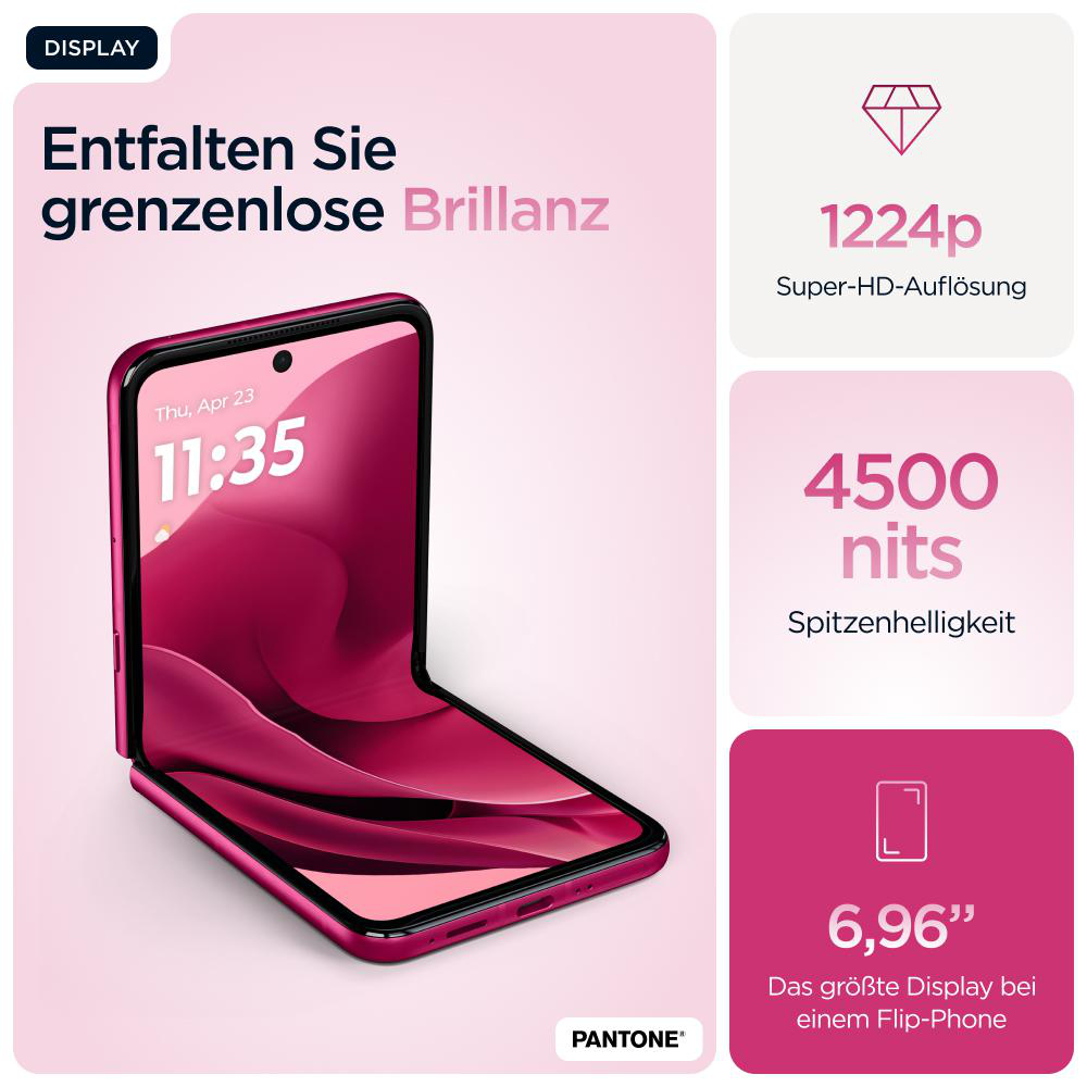 Faltbares Telefon mit Uhrzeit und Spezifikationen, mit Diamant- und Rechteck-Symbolen.