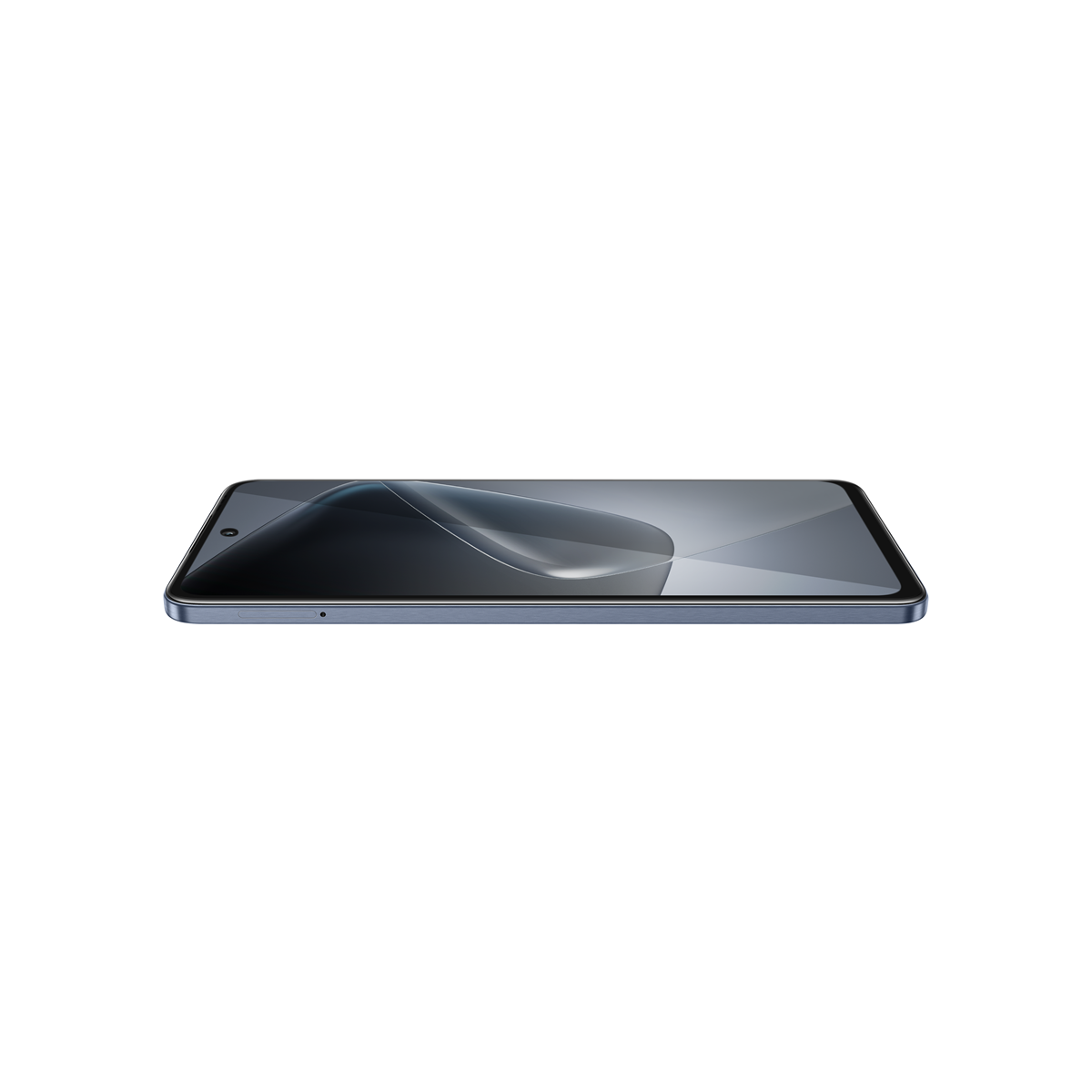 Beyaz bir yüzey üzerinde düz bir tablet, yandan görünüm. Ekran kavisli bir tasarıma sahip.