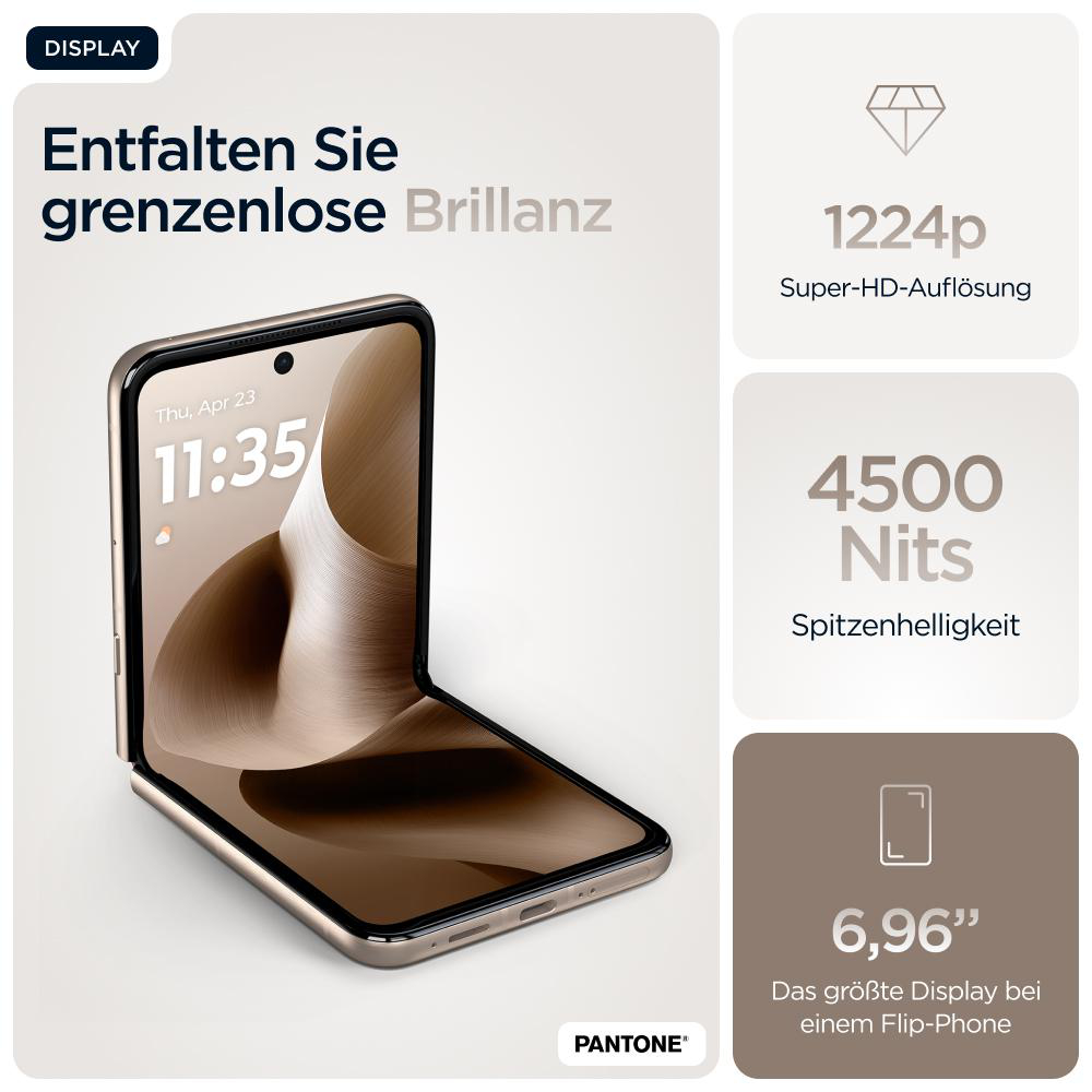 Ein faltbares Telefondisplay mit Uhr, umgeben von Text, der seine Funktionen beschreibt.