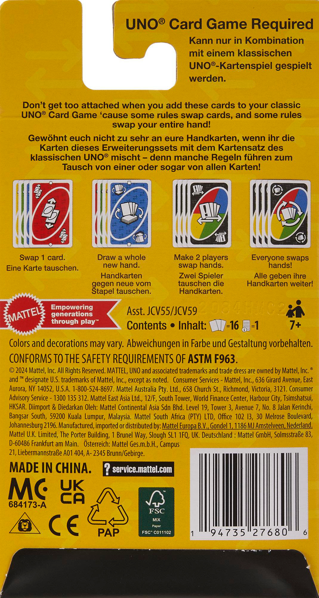 UNO Kartenspiel Rückseite. Anweisungen zum Kartentausch und Karten ziehen. Verpackung mit Sicherheitshinweisen.