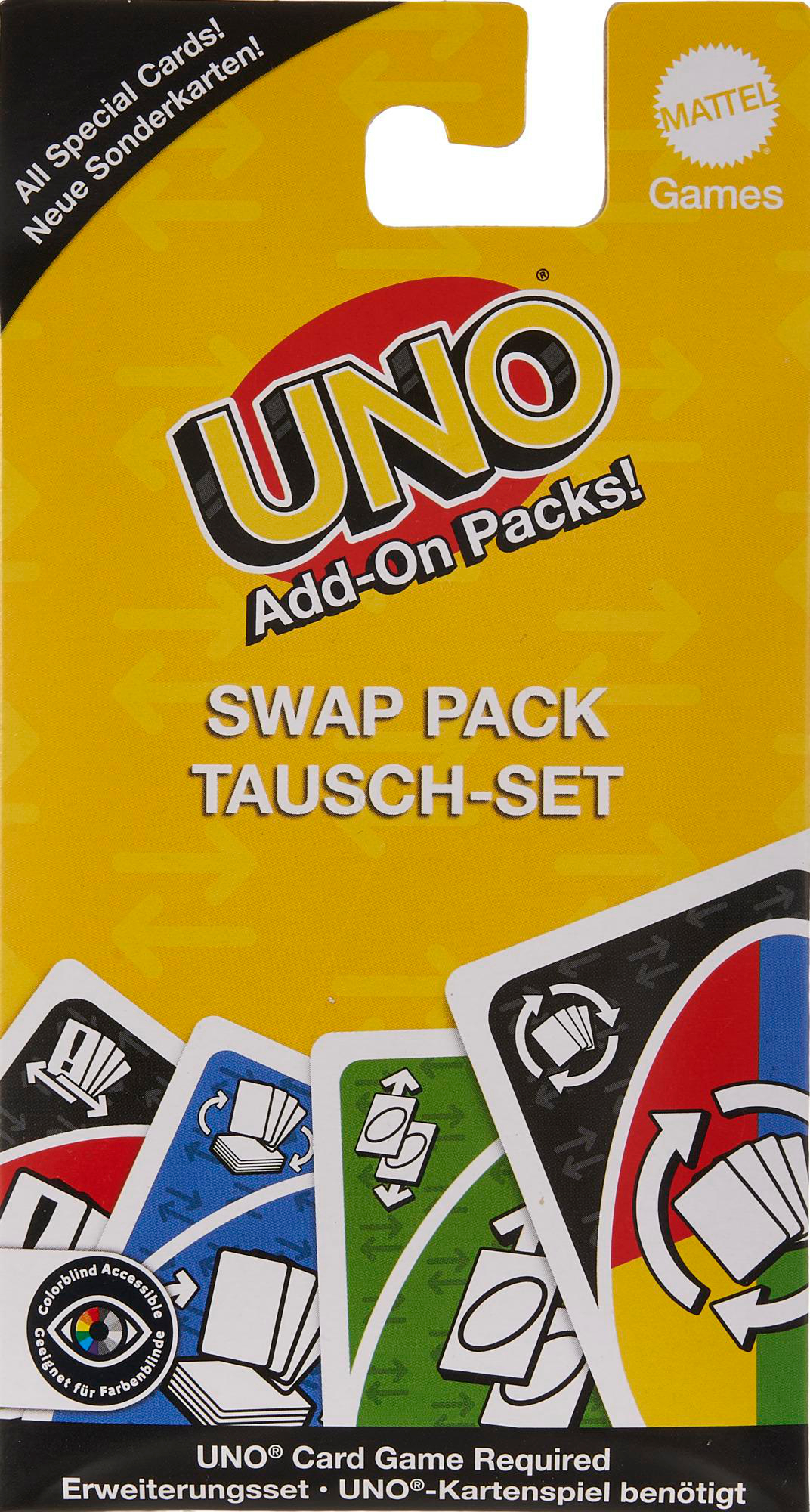 UNO Add-On Packs! Swap Pack. Gelbe Box mit Karten. Farben: Blau, Grün, Rot.