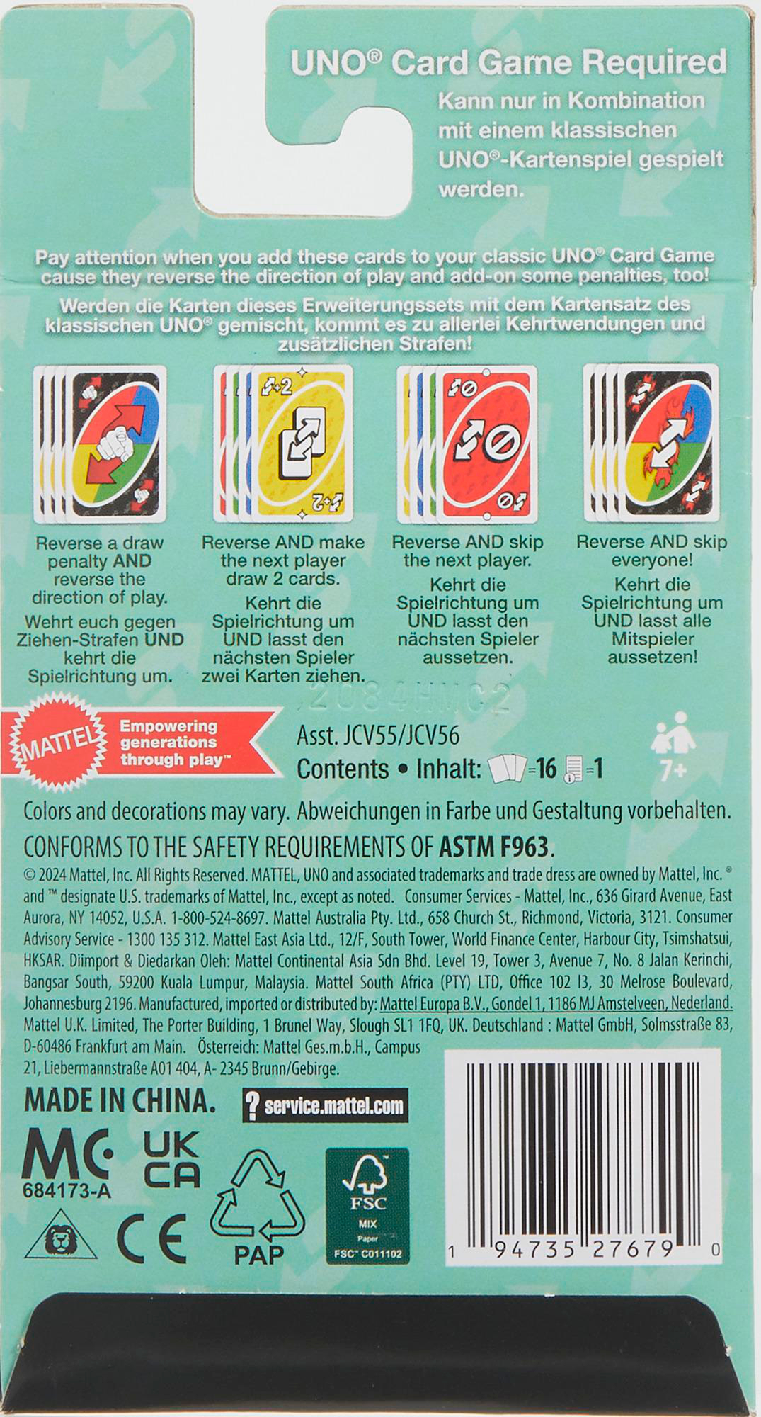 Rückseite der UNO-Kartenspielbox mit Anweisungen und farbenfrohen Kartenillustrationen.