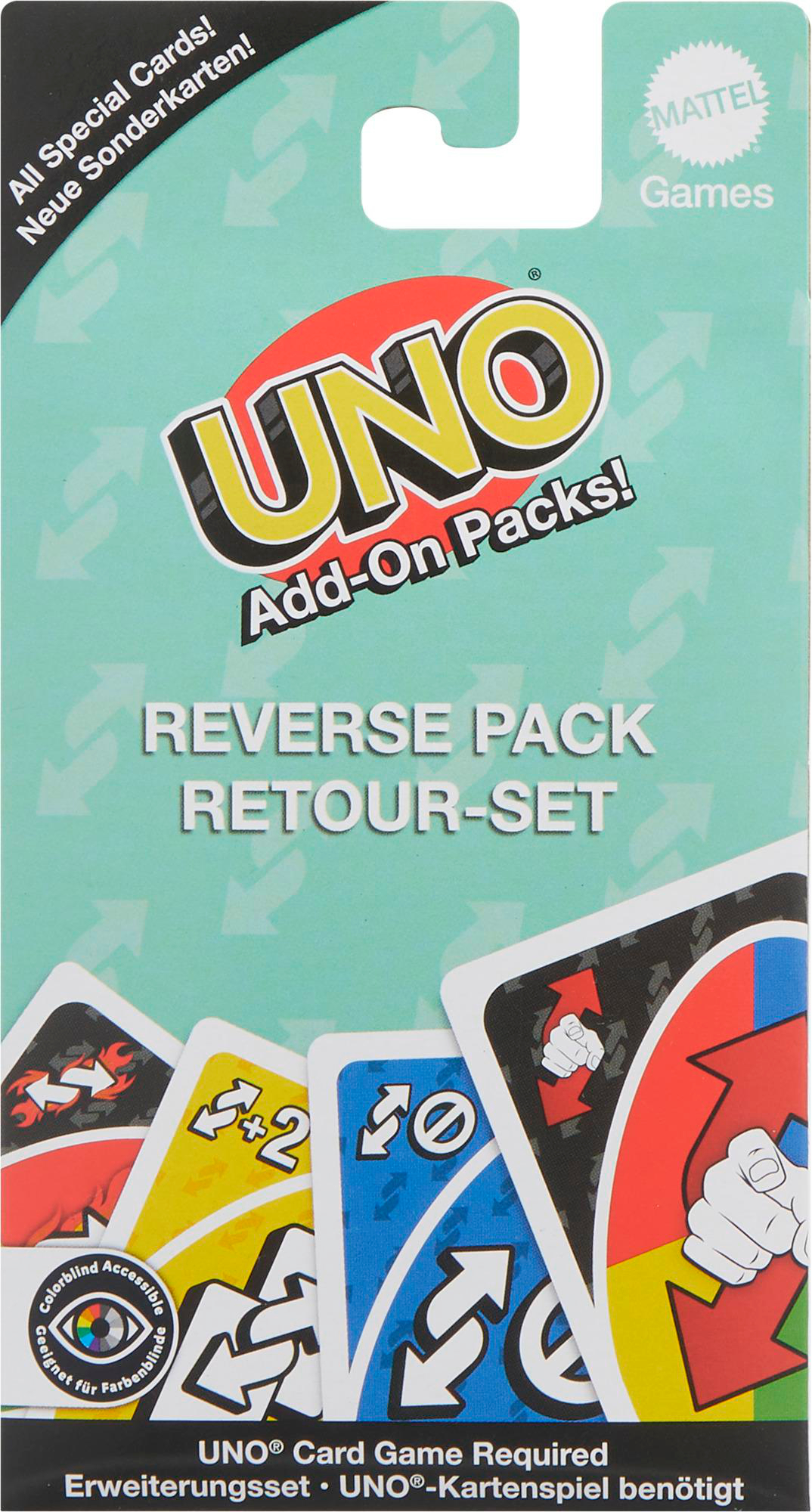 UNO Add-On Packs! Reverse Pack. Grüne Box mit Karten. Farben: Blau, Gelb, Rot.