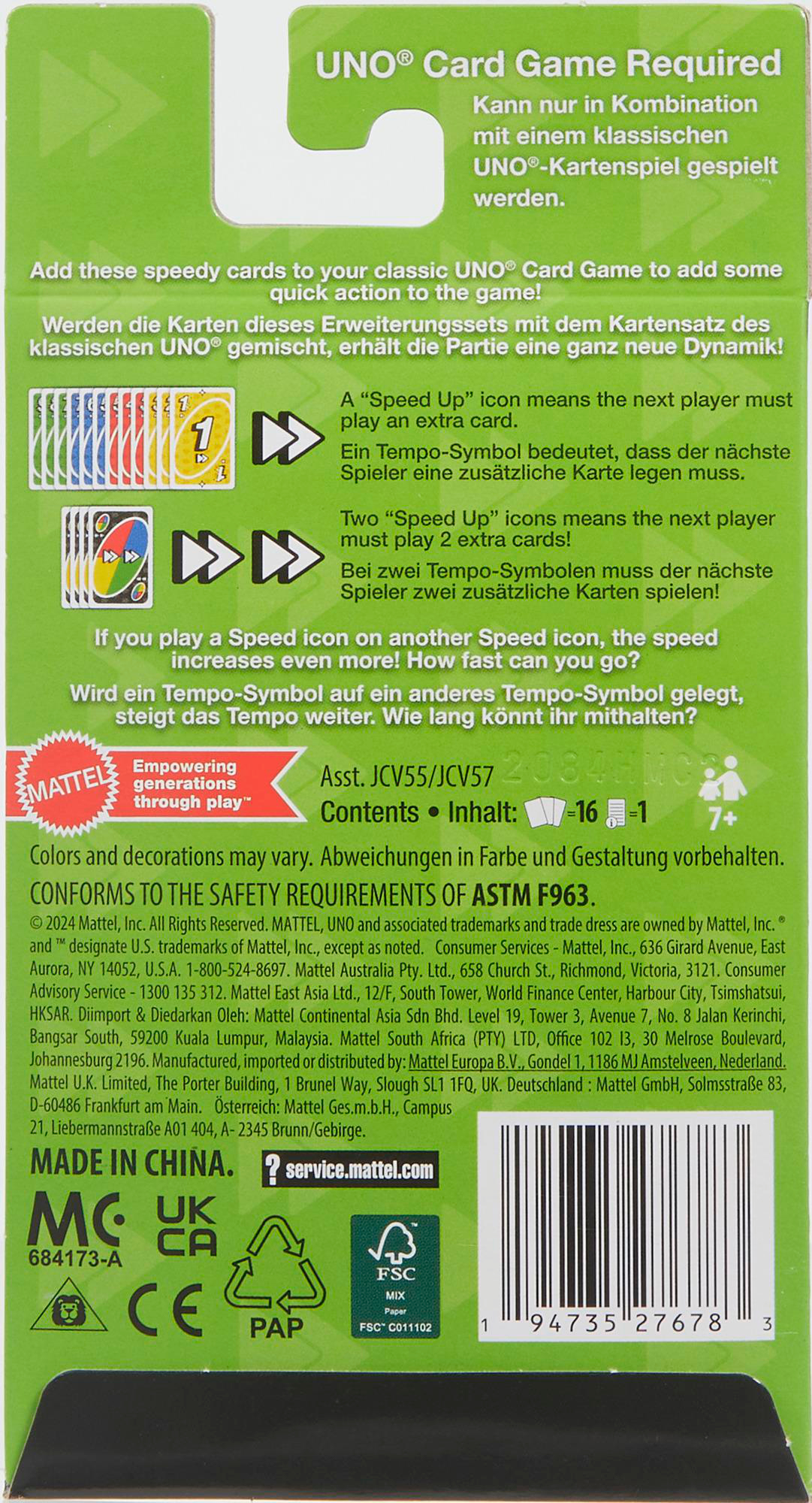 Rückseite einer Uno-Kartenspielbox mit Anweisungen und Logo.