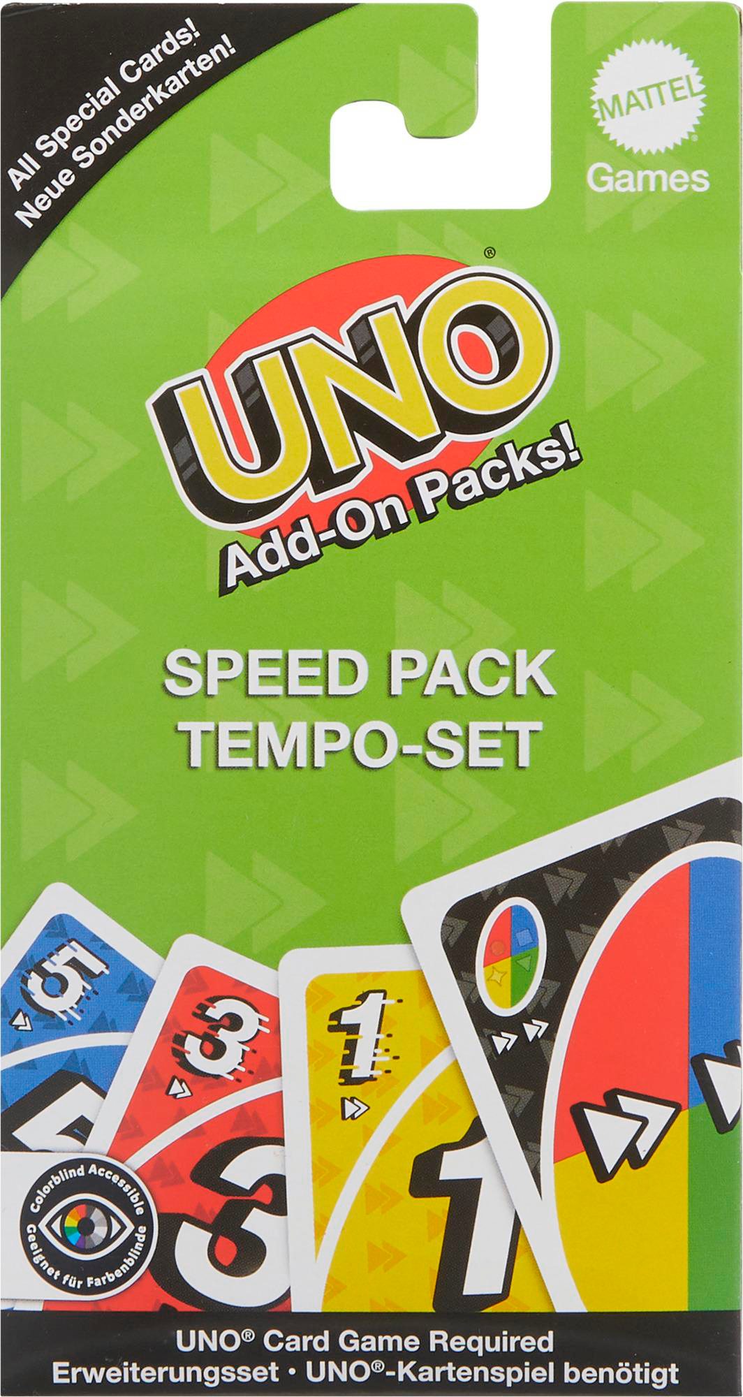 UNO-Kartenspielverpackung mit Text und Karten, die Zahlen und Farben zeigen.