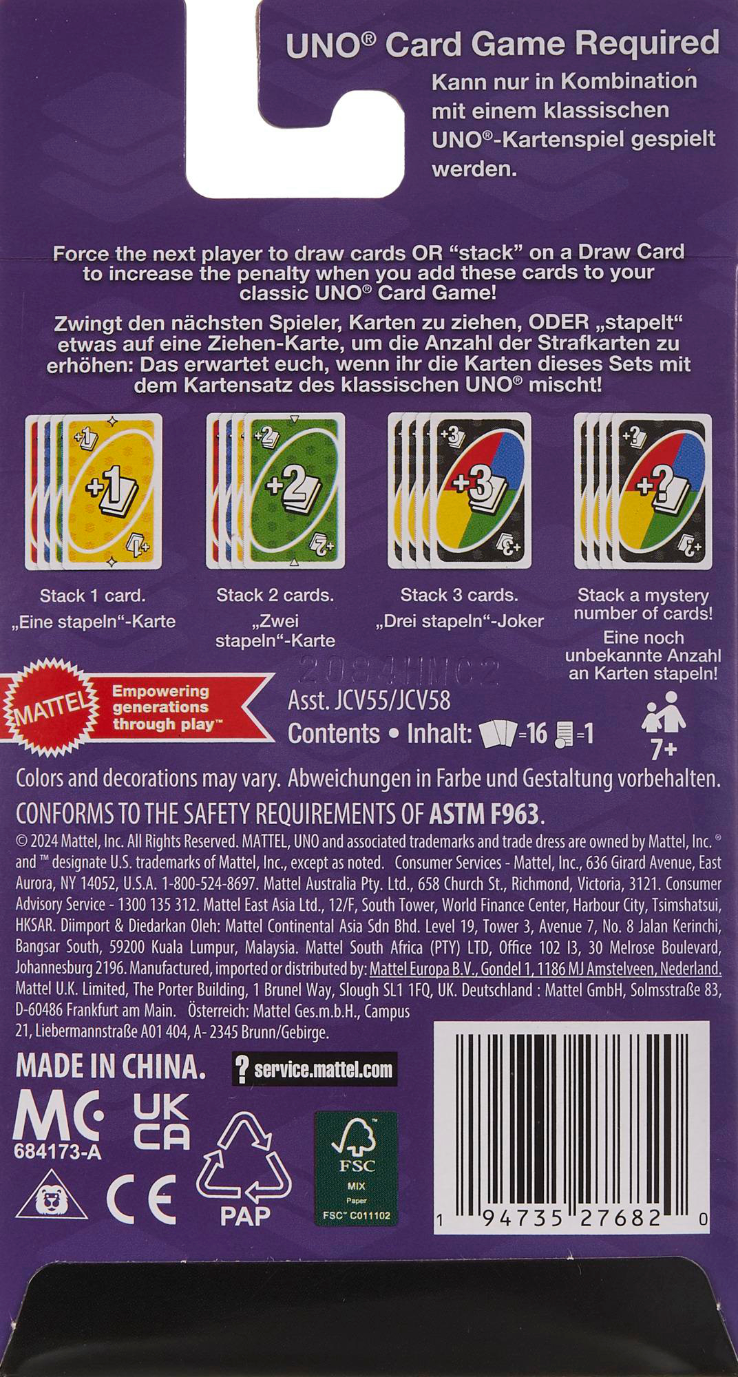Rückseite einer UNO-Kartenspielpackung. Enthält Anweisungen und Karten mit Zahlen und Farben.