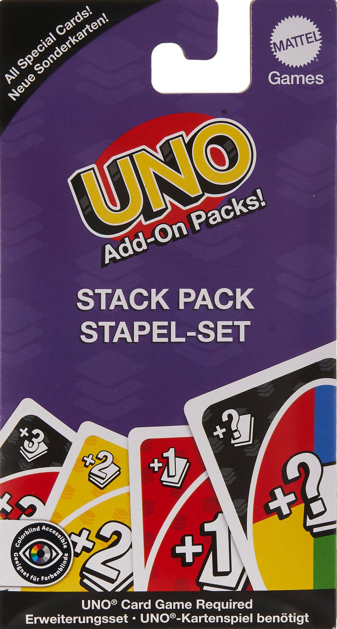 Uno Add-on Packs Box mit verschiedenen Karten, die Spielkarten und Produktdetails zeigen.