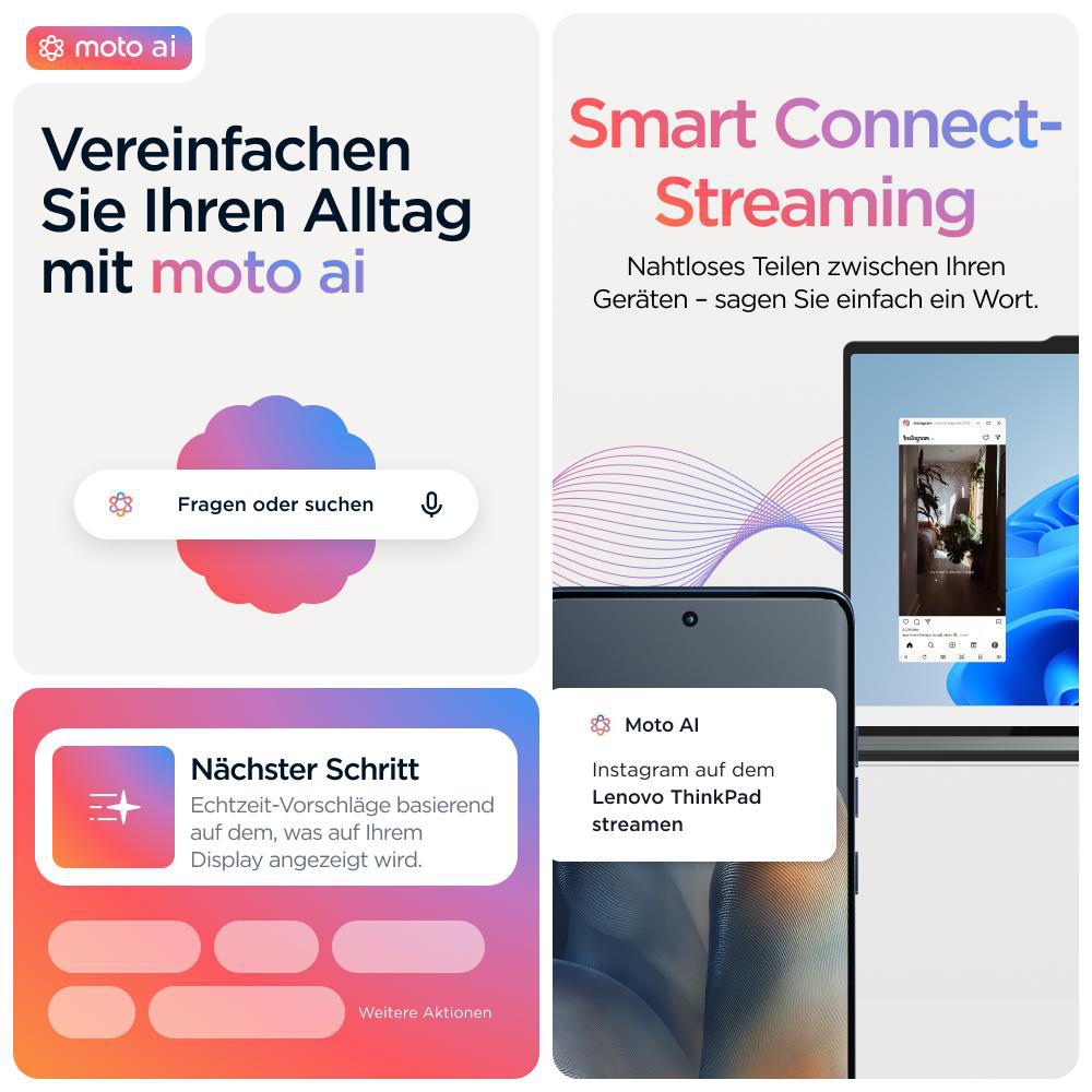 Screenshots, die Moto AI-Funktionen zeigen: Suche, intelligentes Streaming und nächste Schritte.