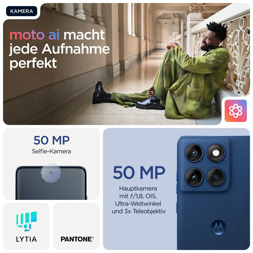 Ein blaues Telefon mit Kameradetails, Text zur Beschreibung der Kamerafunktionen.