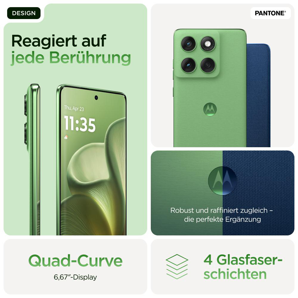 Grünes Smartphone mit Zeitanzeige, neben einem anderen Telefon.
