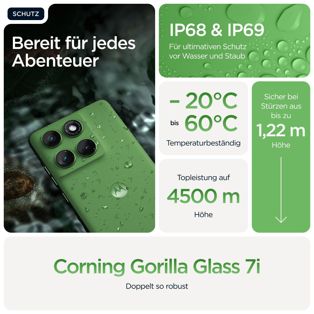 Ein grünes Telefon mit Kameralinsen, zeigt Wassertropfen und Text über Haltbarkeit.