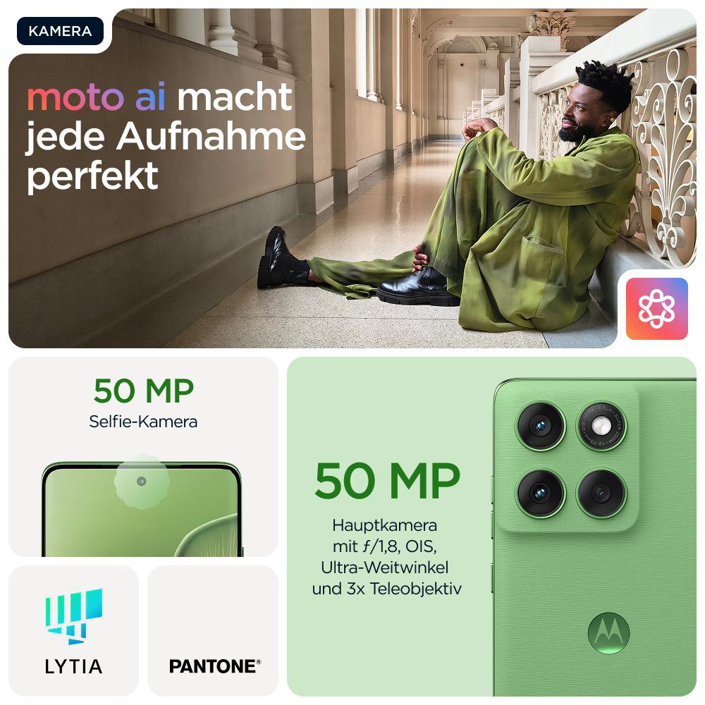 Grünes Telefon mit Dreifachkamera, eine sitzende Person und Text über Moto AI.