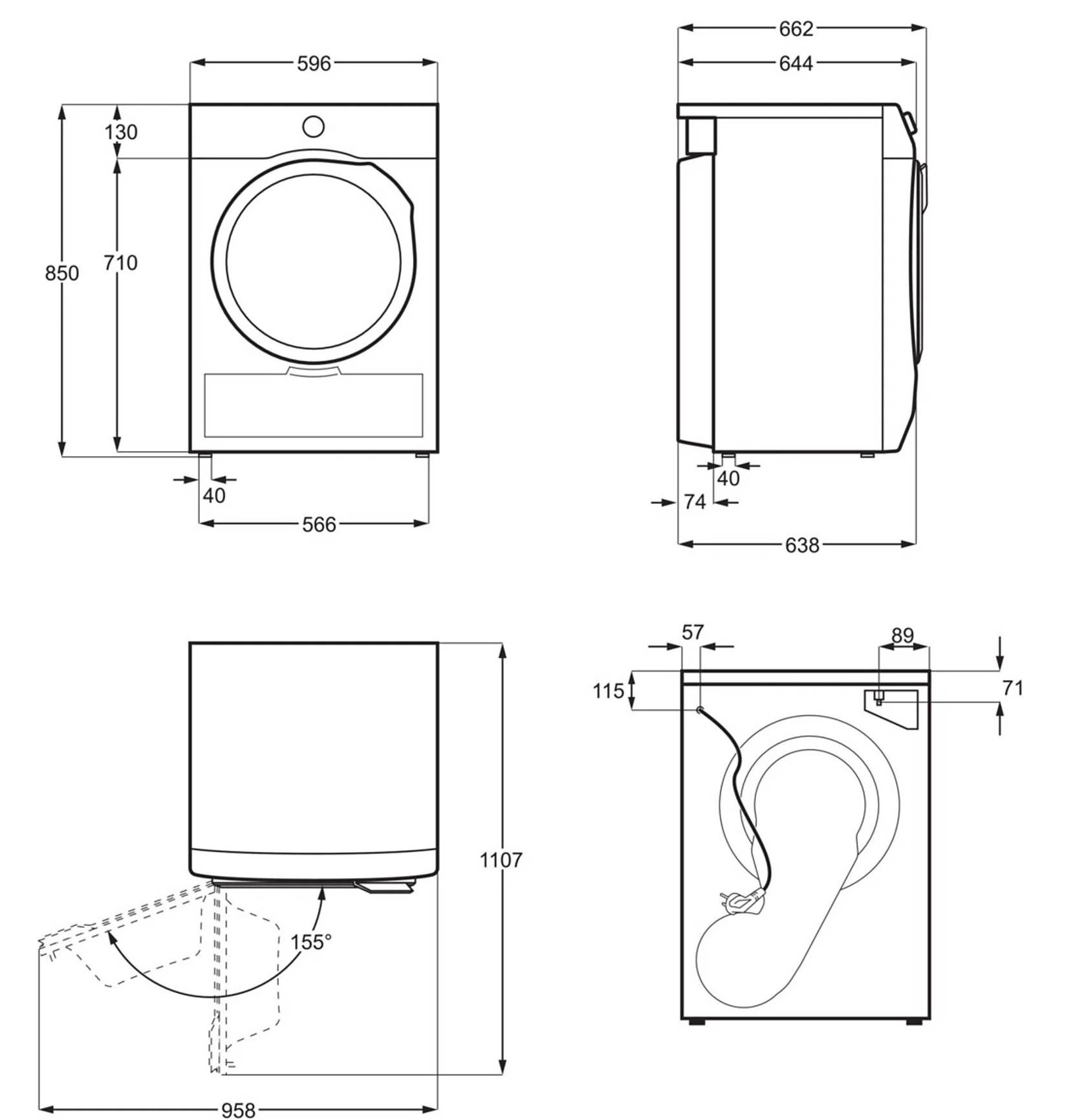 Rysunek techniczny pralki z wymiarami i kątami w czarnych liniach na białym tle.