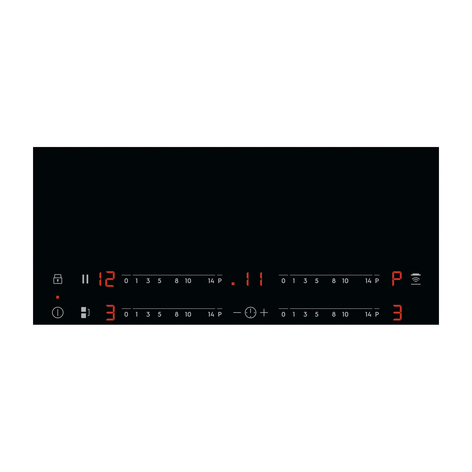 Comandi piano cottura a induzione con display digitale che mostra numeri.