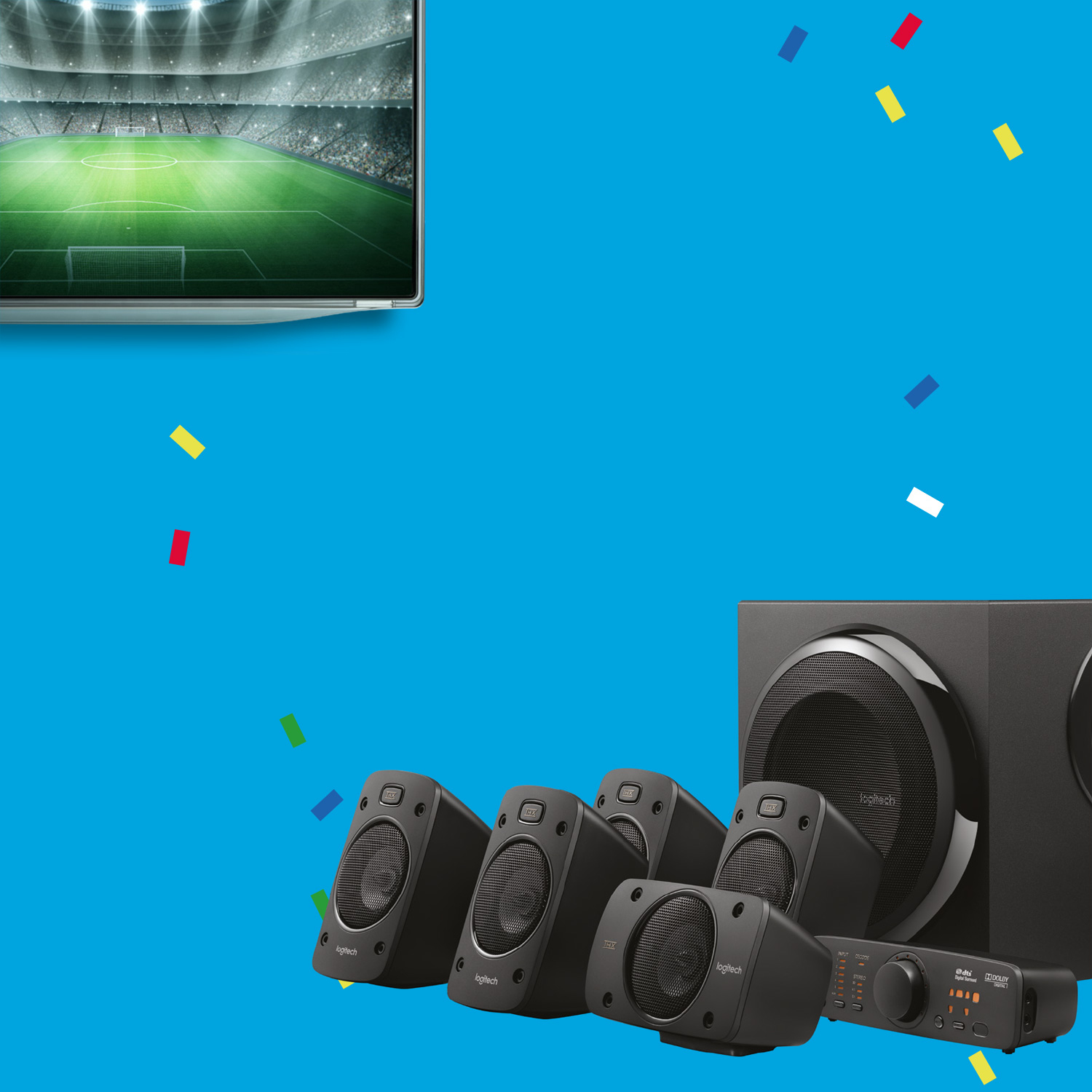 Czarny zestaw głośnikowy z subwooferem i telewizor z boiskiem piłkarskim na niebieskim tle z konfetti.