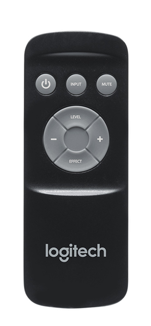 Czarny pilot Logitech z przyciskami zasilania, wejścia, wyciszenia, poziomu i efektu. Widoczne logo.