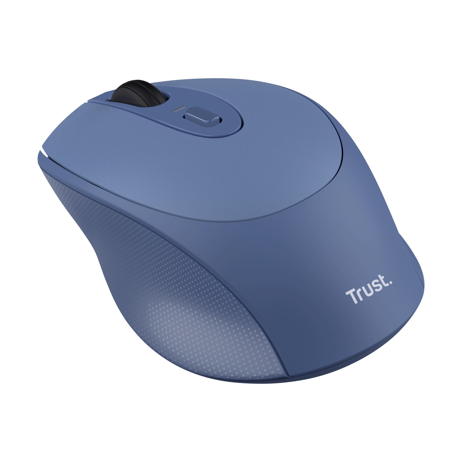 Mouse per computer wireless blu con rotella di scorrimento e marchio Trust su sfondo bianco.