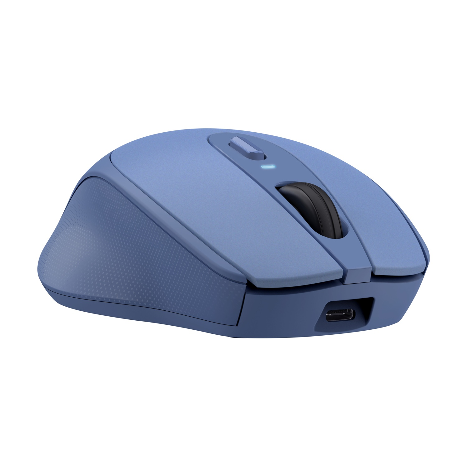 Un mouse per computer blu con una rotella di scorrimento e una porta di ricarica su sfondo bianco.