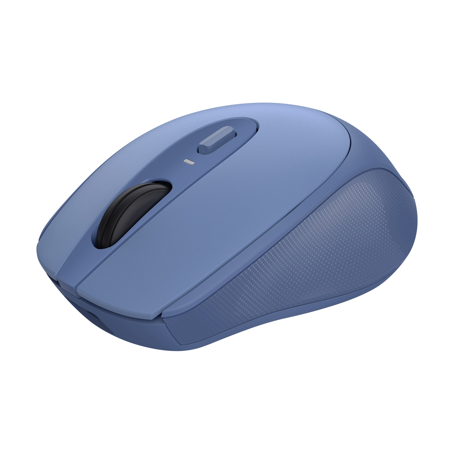 Un mouse wireless blu con una rotella di scorrimento e un'area di presa strutturata.