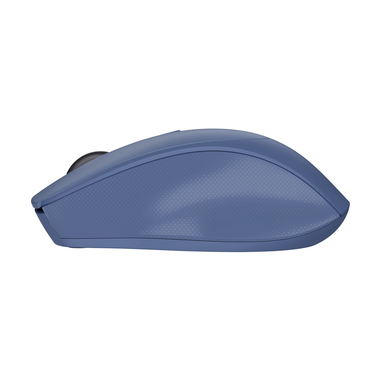 Mouse per computer blu su sfondo bianco. Vista laterale, che mostra la forma e la rotella di scorrimento.