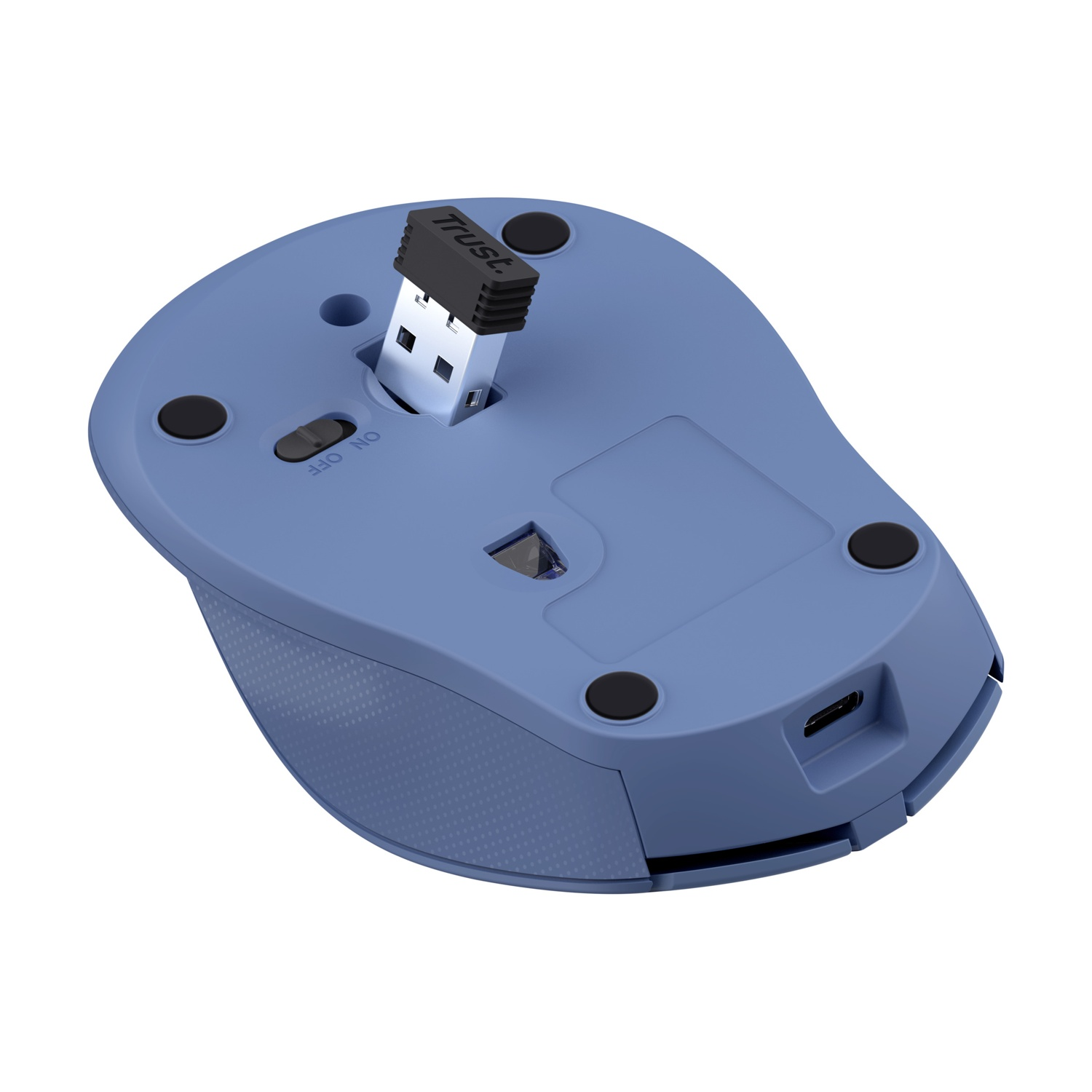Mouse wireless blu con ricevitore USB. Ha interruttore on/off e porta di ricarica.