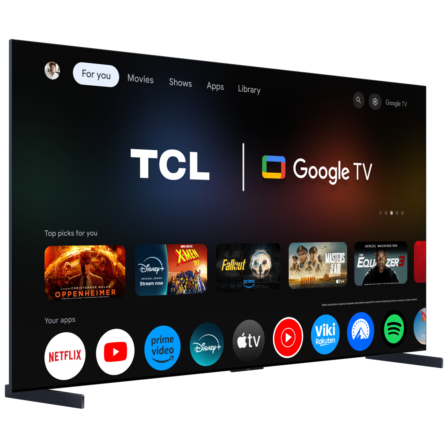 A TCL Google TV is on a white background, displaying a menu with movie and app icons.