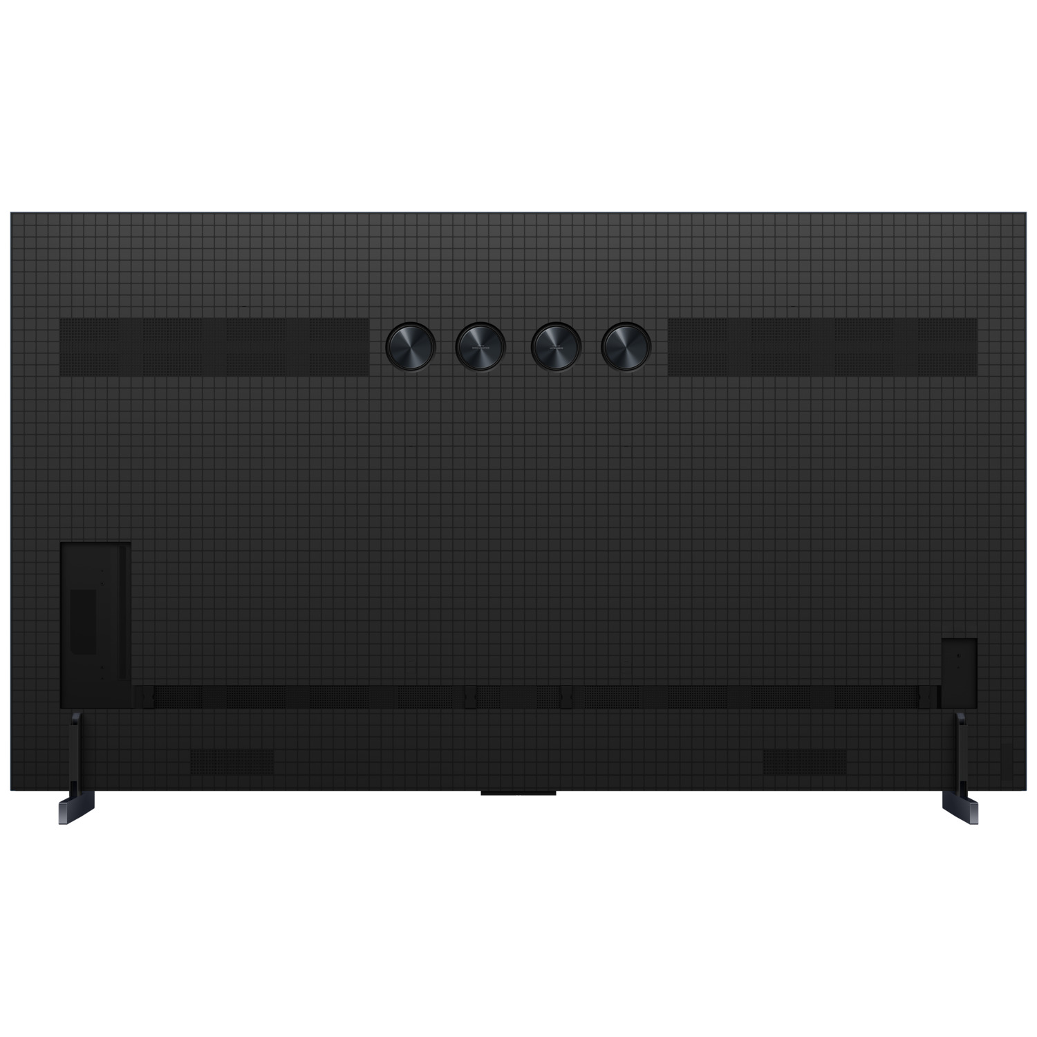 Back of a black TV, with a grid pattern and four circular buttons. The stand is visible at the bottom.