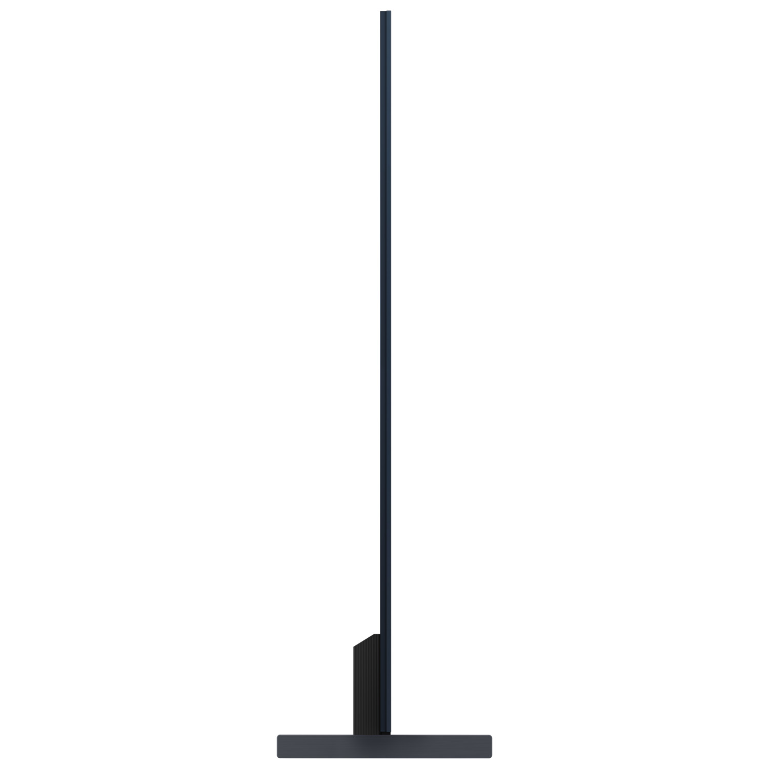 A side view of a thin, modern black television. The screen is black, the frame is dark, and it stands on a base.