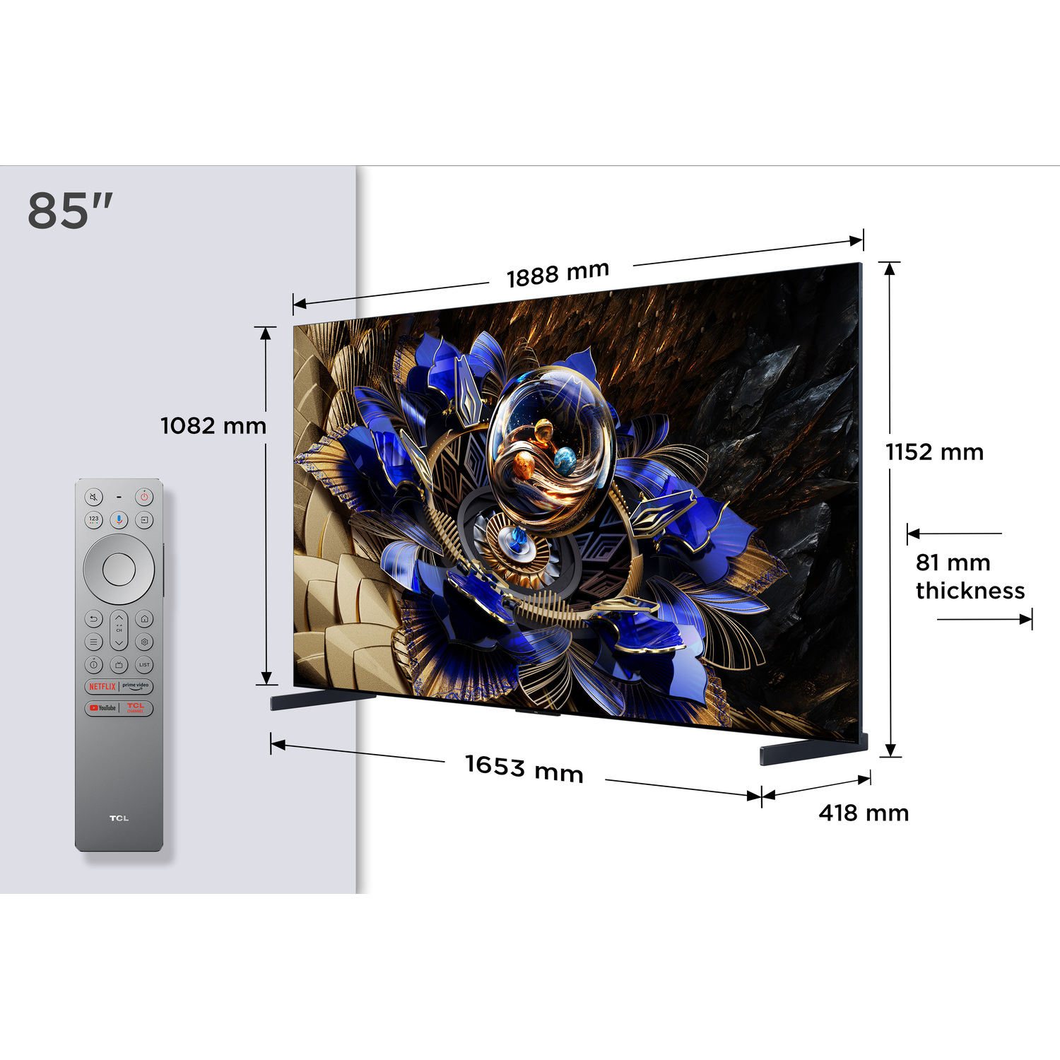 TV with a floral art display, dimensions, and a remote on the left.