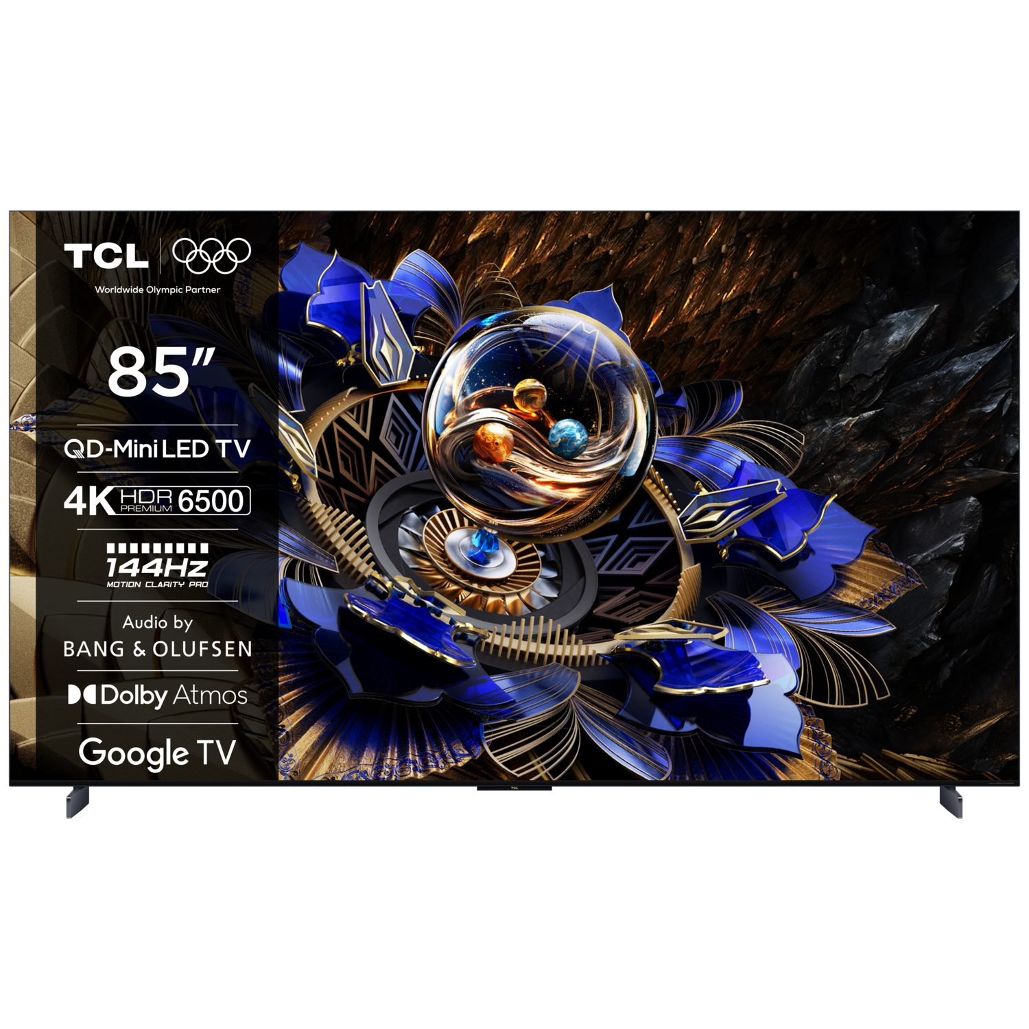 An 85-inch TV displaying a colorful abstract image with logos and text.