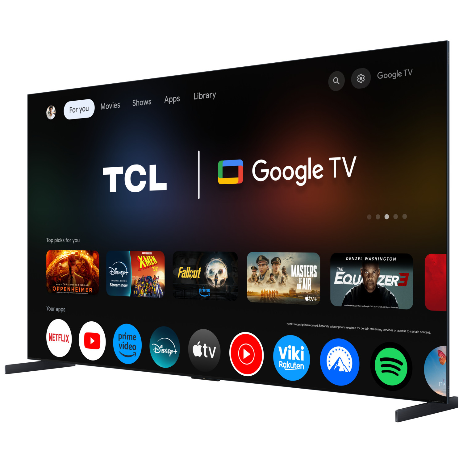 Grand écran de télévision affichant l'interface Google TV. Icônes d'applications, dont Netflix, visibles.