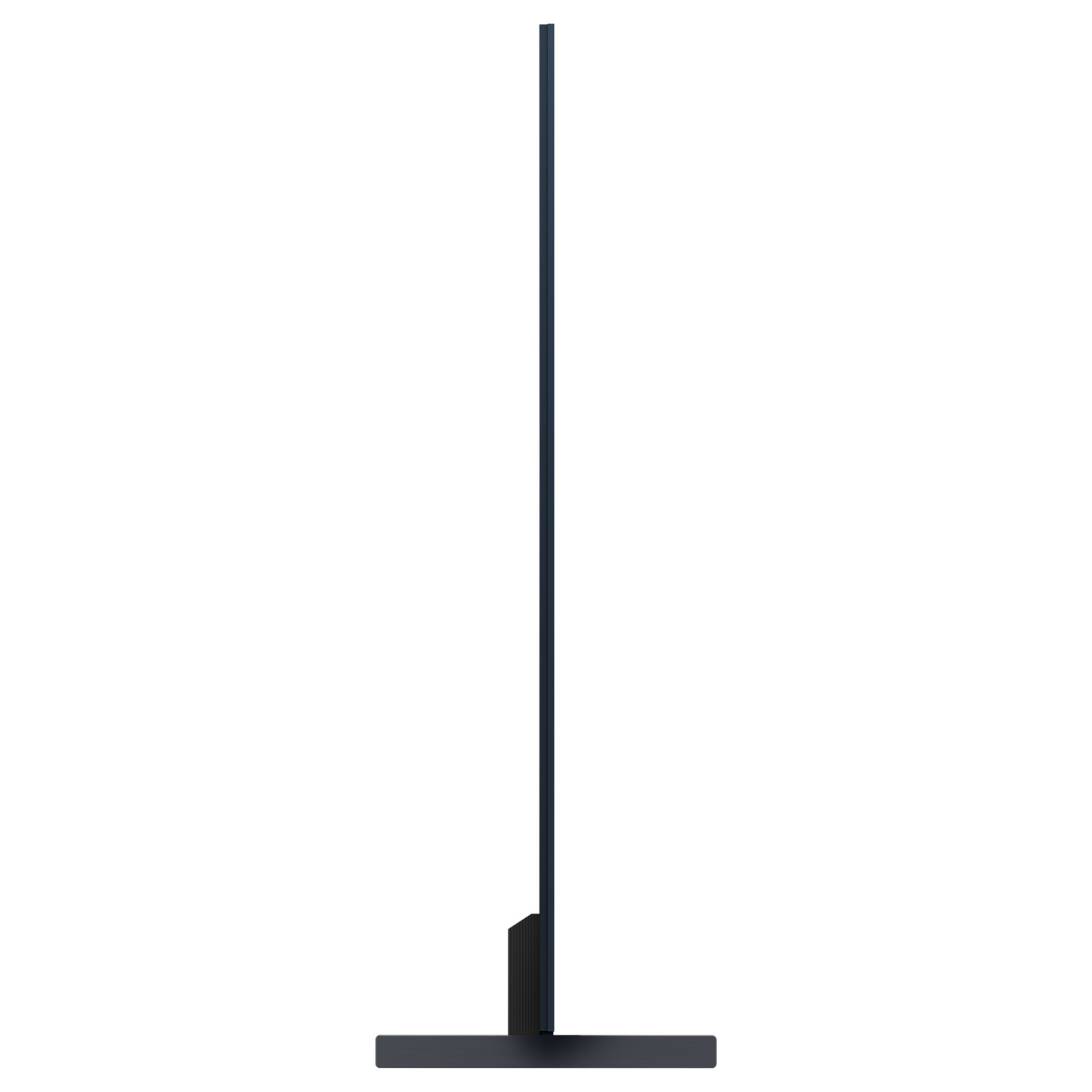 Vue latérale d'un téléviseur. L'écran est noir, le cadre est étroit et le support est bas et noir.