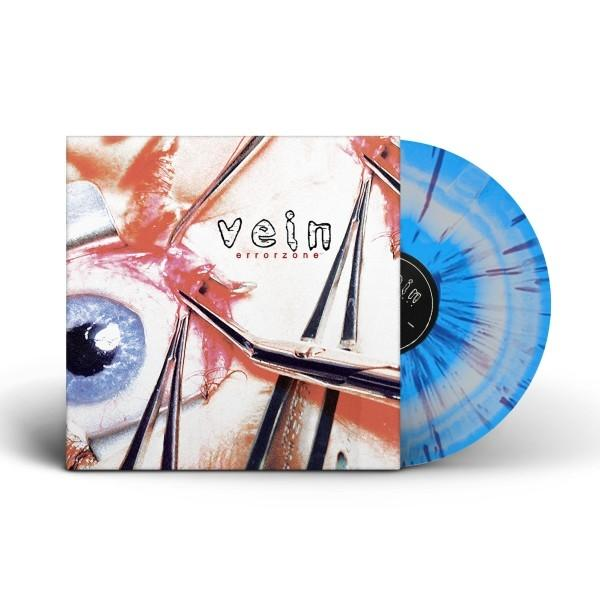 Albumcover: Auge mit Adern, Titel 'errorzone' und Bandname 'vein' auf blau-weißer Vinylplatte.