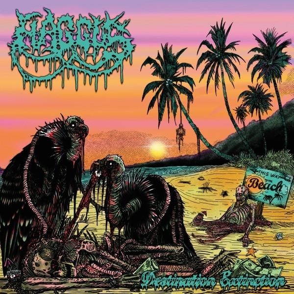 Albumcover mit grotesken Figuren am Strand, Sonnenuntergang und Palmen.