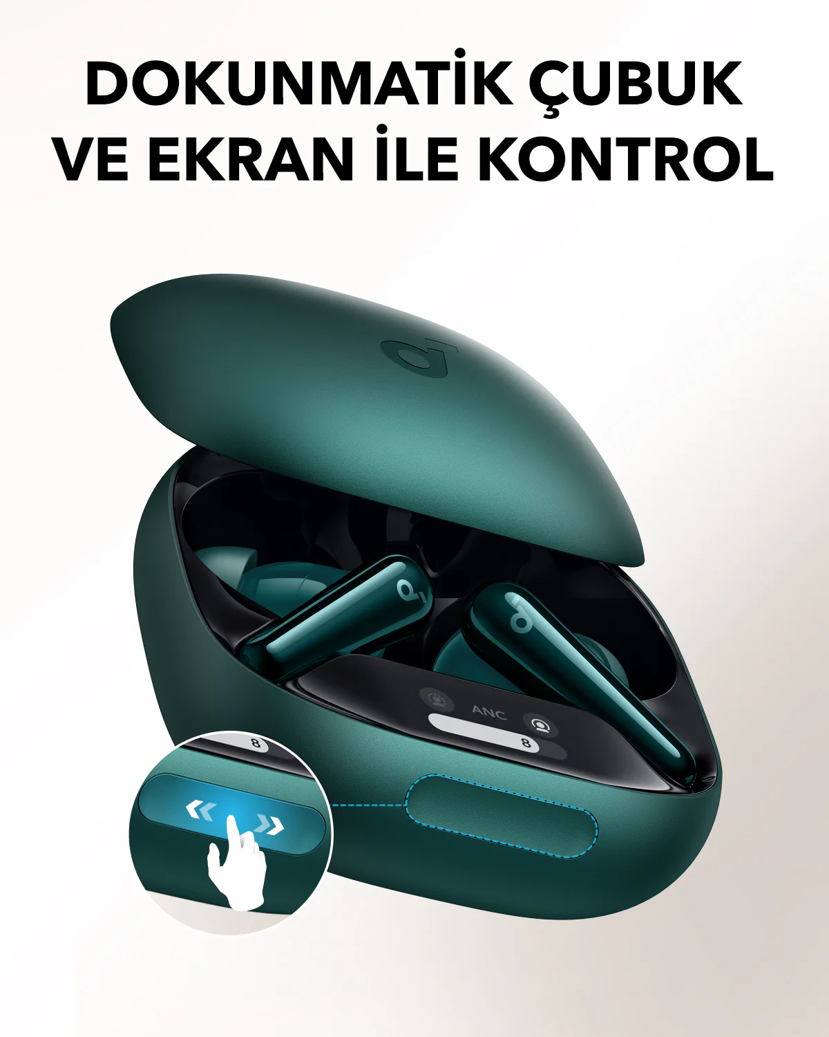 Şarj kutusundaki kulaklıklar. Kutu yeşil, kulaklıklar yeşil.