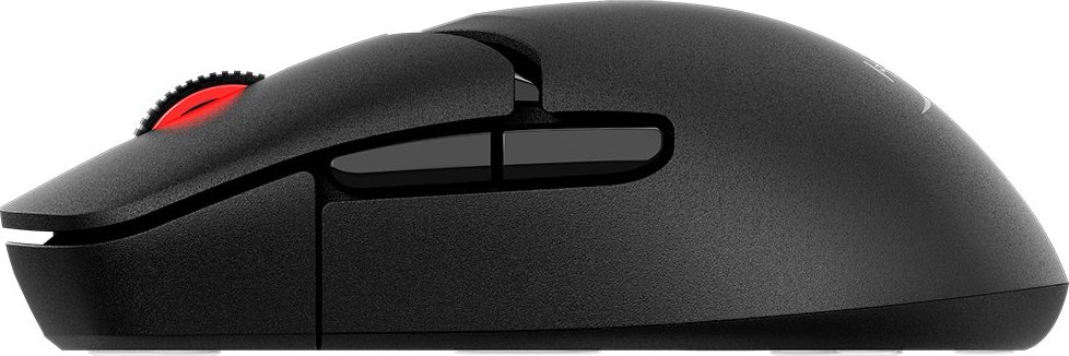 Eine schwarze Computermaus, Seitenansicht, mit rotem Scrollrad und zwei Tasten. Es ist eine Gaming-Maus.