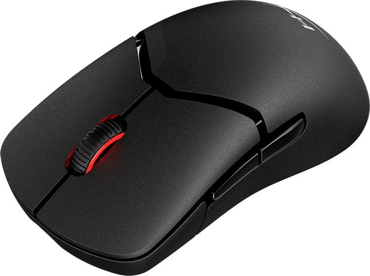 Schwarze Computermaus mit rotem Scrollrad.