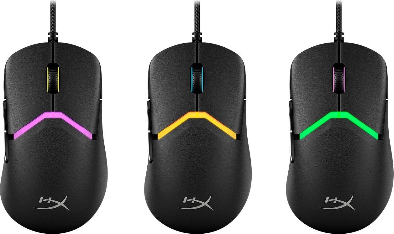 Drei schwarze Computermäuse mit unterschiedlichen LED-Lichtfarben: lila, orange und grün.
