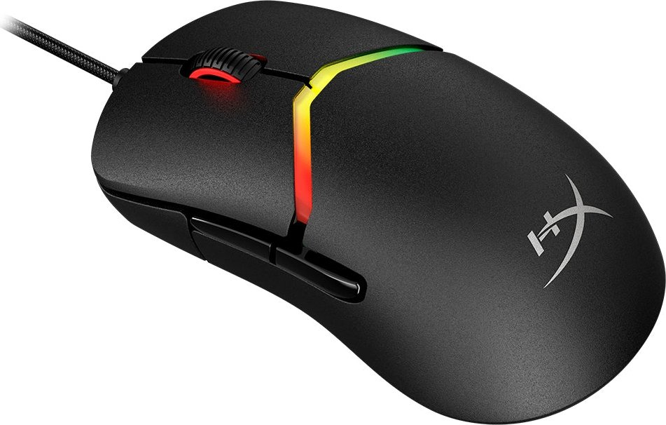 Schwarze Gaming-Maus mit farbigen Lichtern am Scrollrad und an der Seite. HyperX-Logo an der Seite.
