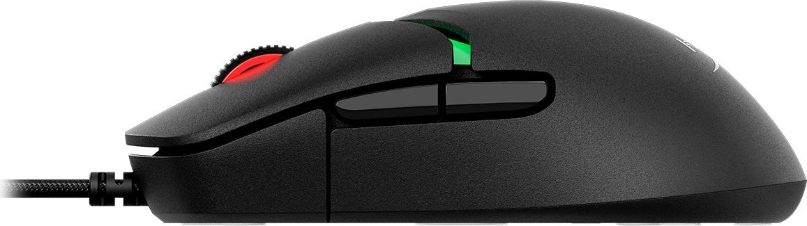 Seitenansicht einer schwarzen Computermaus mit rotem und grünem Licht.