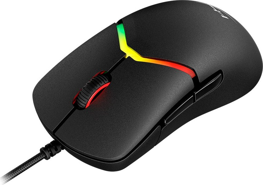 Schwarze Gaming-Maus mit bunten LED-Leuchten und geflochtenem Kabel.