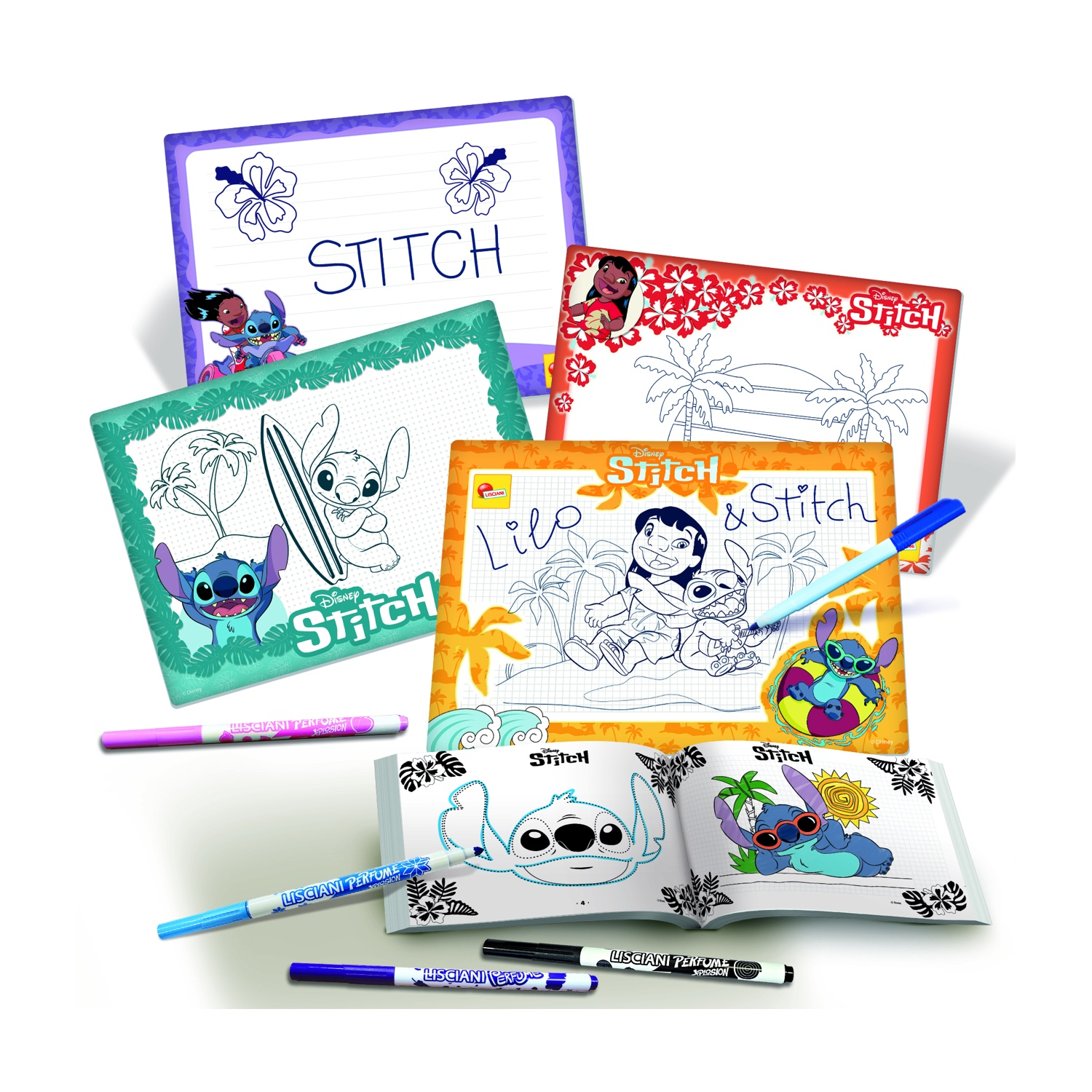 Set di disegno e colorazione a tema Lilo & Stitch con pennarelli e un quaderno degli schizzi su sfondo bianco.