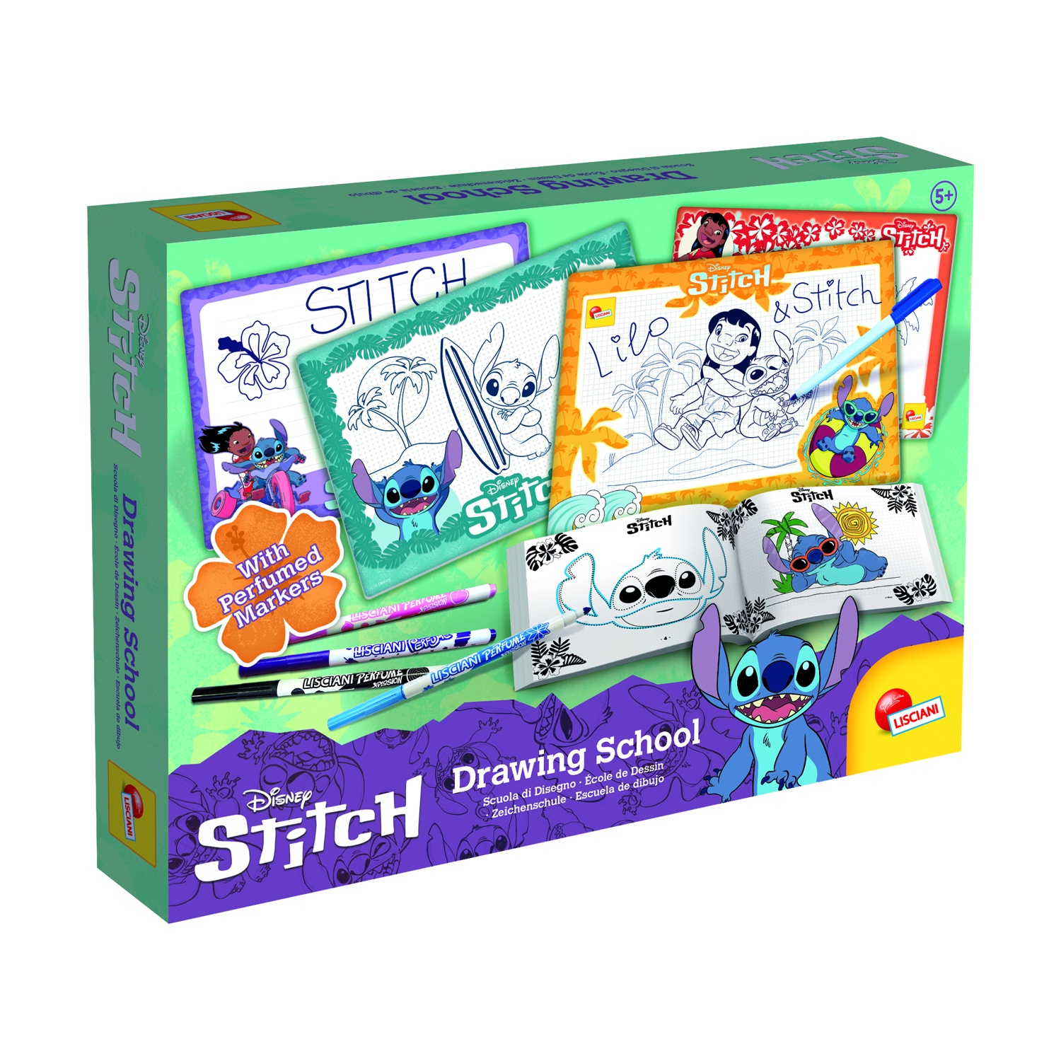Kit scuola di disegno Lilo & Stitch. Scatola con libri da disegno, pennarelli e immagini di Stitch.