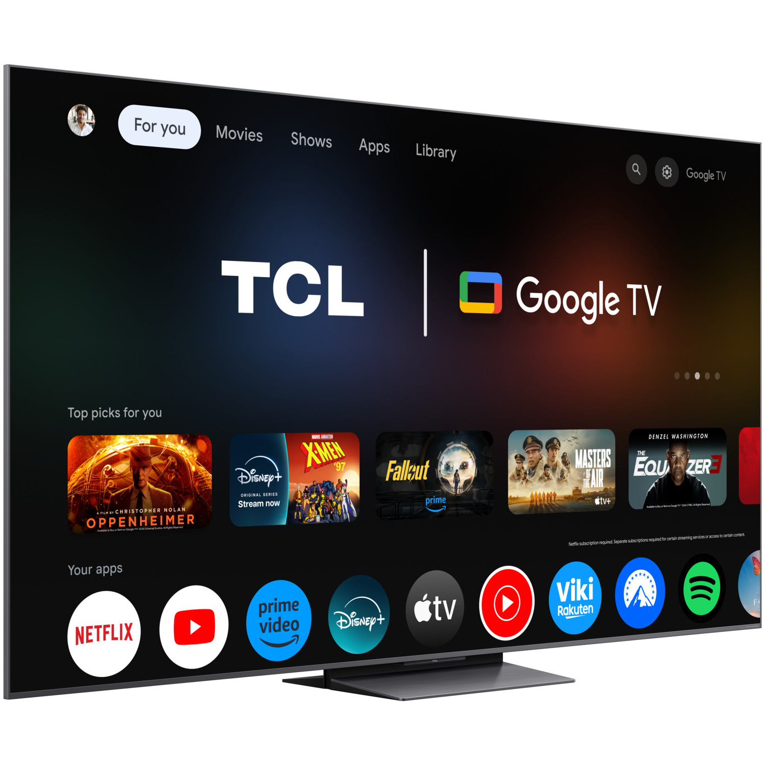 TCL Google TV screen showing a variety of movies and apps on a white background.